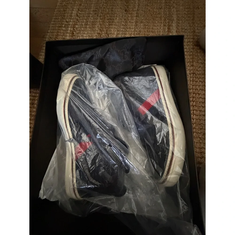 Gucci High Top Sneakers Size 8 Navy Blue GG Monogram Web Stripe 221825